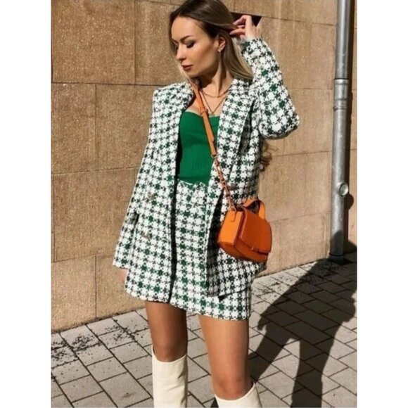 Zara Green Tweed Oversized Double Breasted Blazer Jacket Blogger’s Fave L Large - Picture 10 of 16